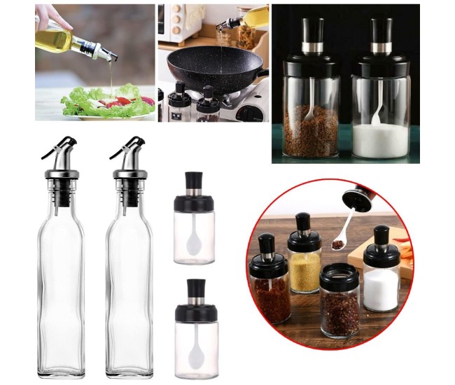 Sticle si Borcane de Ulei de Masline, Flippy, Dozator Set 4 Bucati, 2 Sticle cu Dispenser 500 ml/buc, 2 Borcane pentru Condimente cu Capac si Lingura 120ml/buc, Transparent