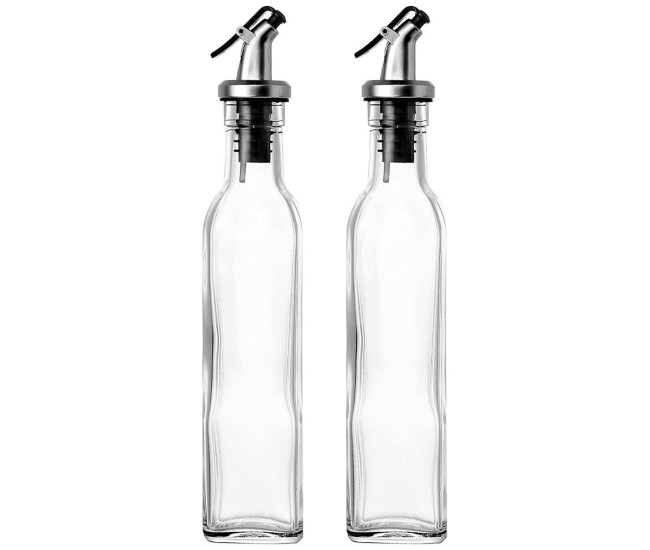 Sticle si Borcane de Ulei de Masline, Flippy, Dozator Set 4 Bucati, 2 Sticle cu Dispenser 500 ml/buc, 2 Borcane pentru Condimente cu Capac si Lingura 120ml/buc, Transparent