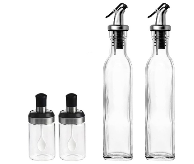 Sticle si Borcane de Ulei de Masline, Flippy, Dozator Set 4 Bucati, 2 Sticle cu Dispenser 500 ml/buc, 2 Borcane pentru Condimente cu Capac si Lingura 120ml/buc, Transparent