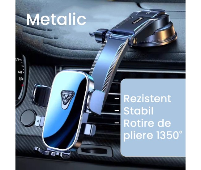 Suport Auto Multifunctional pentru Telefon, Flippy, Suport pentru Navigatie, Rotativ cu Ventuza, cu fixare Geam si Parbriz, 20 x 14 x 11 cm, Albastru oglinda
