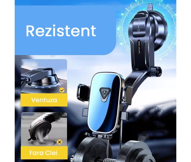 Suport Auto Multifunctional pentru Telefon, Flippy, Suport pentru Navigatie, Rotativ cu Ventuza, cu fixare Geam si Parbriz, 20 x 14 x 11 cm, Albastru oglinda