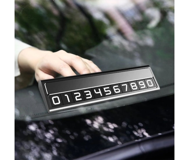 Suport Auto Numar Telefon Parcare, Flippy, Design Metalic cu Capac, Afisaj Ascuns Rabatabil, Cifre Magnetice Fluorescente, 11.8 x 3 x 1 cm, Negru 