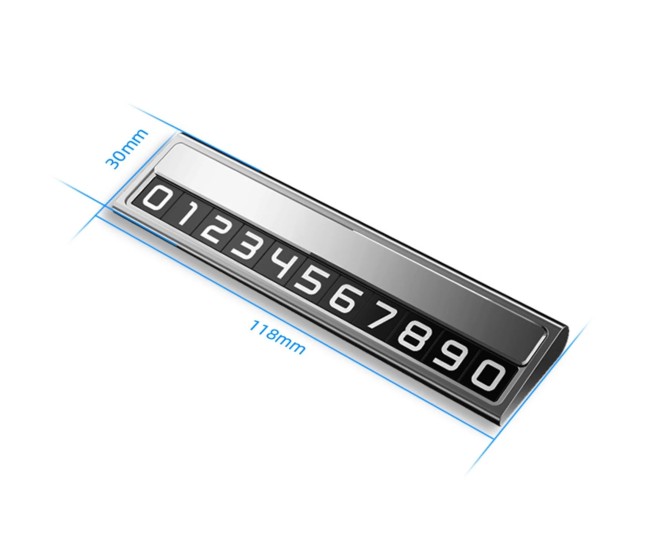 Suport Auto Numar Telefon Parcare, Flippy, Design Metalic cu Capac, Afisaj Ascuns Rabatabil, Cifre Magnetice Fluorescente, 11.8 x 3 x 1 cm, Argintiu 