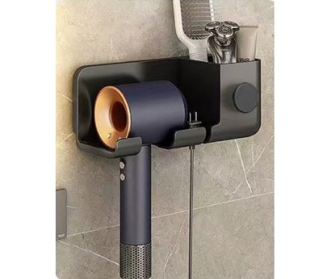 Suport de Baie, Flippy, pentru Uscator de Par, cu Organizator Dublu, din Plastic, Aplicare cu Suport Adeziv, 23 x 8.8 x 9.5 cm, Negru Suport de Baie, Flippy, pentru Uscator de Par, cu Organizator Dublu, din Plastic, Aplicare cu Suport Adeziv, 23 x 8.8 x 9.5 cm, Negru