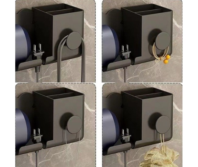 Suport de Baie, Flippy, pentru Uscator de Par, cu Organizator Dublu, din Plastic, Aplicare cu Suport Adeziv, 23 x 8.8 x 9.5 cm, Negru Suport de Baie, Flippy, pentru Uscator de Par, cu Organizator Dublu, din Plastic, Aplicare cu Suport Adeziv, 23 x 8.8 x 9.5 cm, Negru