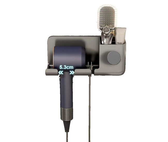 Suport de Baie, Flippy, pentru Uscator de Par, cu Organizator Dublu, din Plastic, Aplicare cu Suport Adeziv, 23 x 8.8 x 9.5 cm, Gri Suport de Baie, Flippy, pentru Uscator de Par, cu Organizator Dublu, din Plastic, Aplicare cu Suport Adeziv, 23 x 8.8 x 9.5 cm, Gri