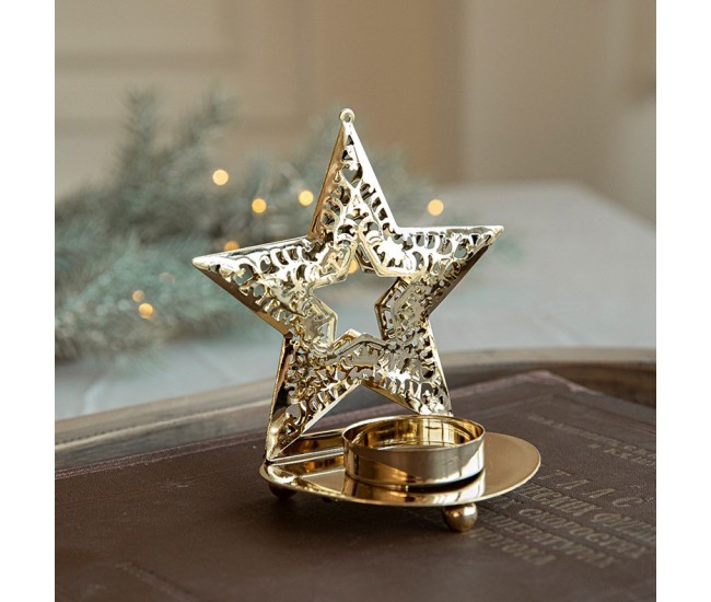 Suport Decorativ pentru Lumanare de Craciun, Flippy, Model Stea Aurie din Art Metal, pentru Masa fara Agatare, 12 x 11 x 7.2 cm, Auriu