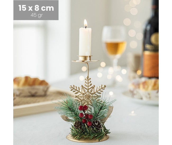 Suport Decorativ pentru Lumanare de Craciun, Flippy, Ornament pentru Lumanare, Model Fulg de Nea Auriu cu Crengute de Brad, din Art Metal, pentru Masa, fara Lumanare, 15 x 8 cm, Auriu