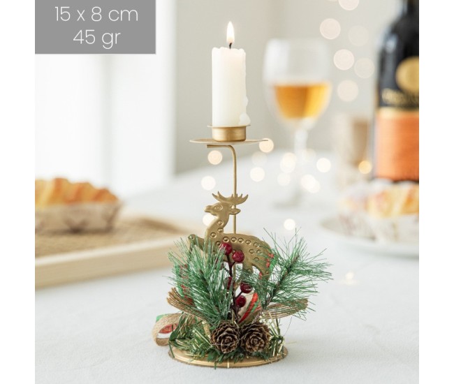 Suport Decorativ pentru Lumanare de Craciun, Flippy, Ornament pentru Lumanare, Model Ren Auriu cu Crengute de Brad, din Art Metal, pentru Masa, fara Lumanare 15 x 8 cm, Auriu