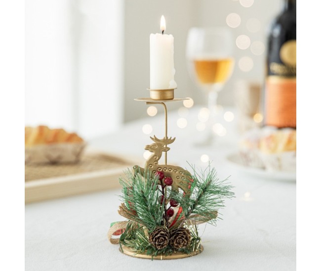 Suport Decorativ pentru Lumanare de Craciun, Flippy, Ornament pentru Lumanare, Model Ren Auriu cu Crengute de Brad, din Art Metal, pentru Masa, fara Lumanare 15 x 8 cm, Auriu