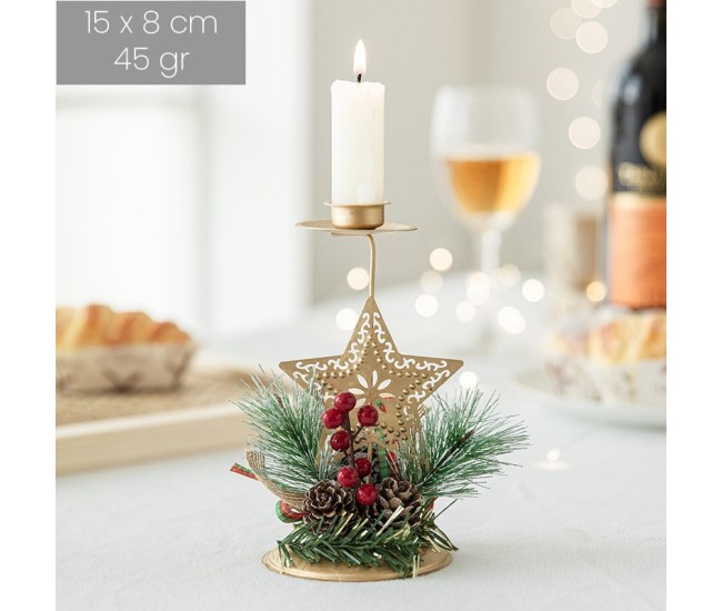 Suport Decorativ pentru Lumanare de Craciun, Flippy, Ornament pentru Lumanare, Model Stea Aurie cu Crengute de Brad, din Art Metal, pentru Masa, fara Lumanare 15 x 8 cm, Auriu