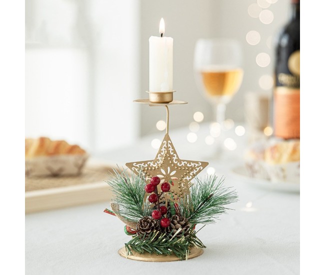 Suport Decorativ pentru Lumanare de Craciun, Flippy, Ornament pentru Lumanare, Model Stea Aurie cu Crengute de Brad, din Art Metal, pentru Masa, fara Lumanare 15 x 8 cm, Auriu