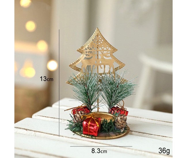 Suport Decorativ pentru Lumanare de Craciun, Flippy, Ornament pentru Lumanare pe Masa, Model Brad cu Reni si Crengute de Brad, din Art Metal, fara Lumanare 13 x 8.3 cm, Auriu