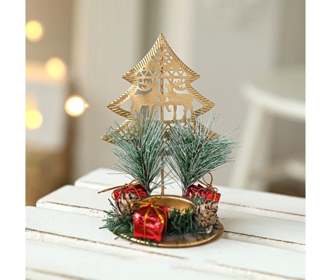Suport Decorativ pentru Lumanare de Craciun, Flippy, Ornament pentru Lumanare pe Masa, Model Brad cu Reni si Crengute de Brad, din Art Metal, fara Lumanare 13 x 8.3 cm, Auriu