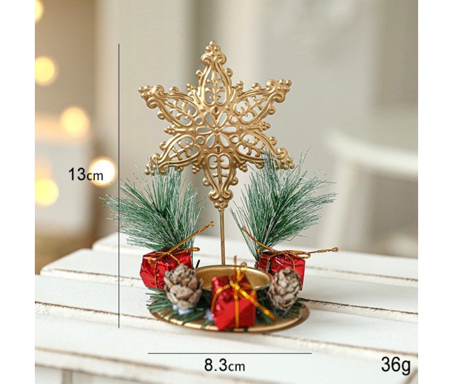 Suport Decorativ pentru Lumanare de Craciun, Flippy, Ornament pentru Lumanare pe Masa, Model Fulg de Nea si Crengute de Brad, din Art Metal, fara Lumanare 13 x 8.3 cm, Auriu