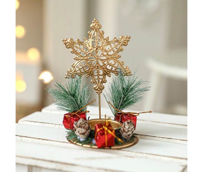 Suport Decorativ pentru Lumanare de Craciun, Flippy, Ornament pentru Lumanare pe Masa, Model Fulg de Nea si Crengute de Brad, din Art Metal, fara Lumanare 13 x 8.3 cm, Auriu