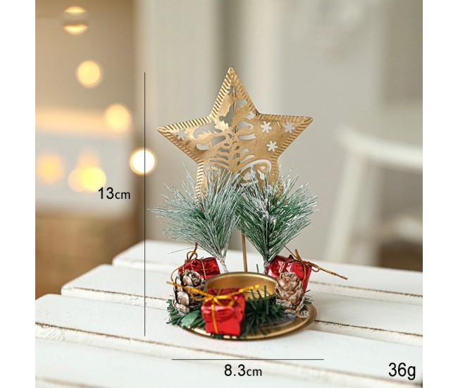 Suport Decorativ pentru Lumanare de Craciun, Flippy, Ornament pentru Lumanare pe Masa, Model Stea cu Clopotei si Crengute de Brad, din Art Metal, fara Lumanare 13 x 8.3 cm, Auriu