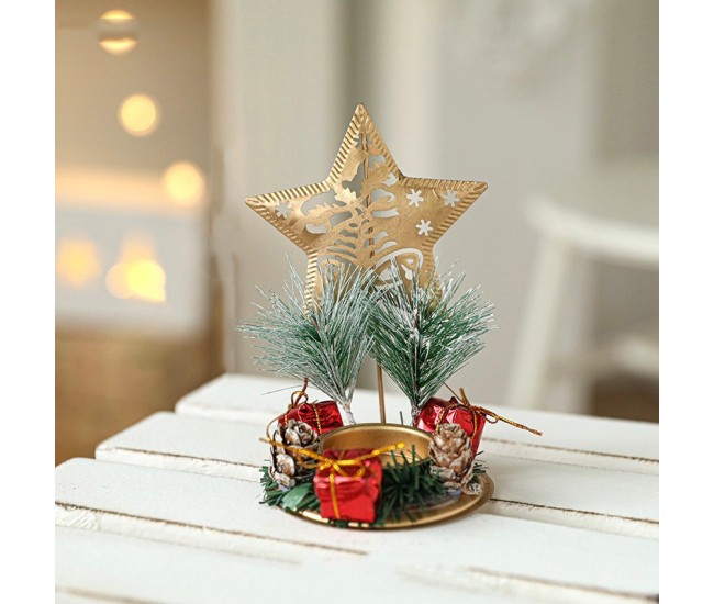 Suport Decorativ pentru Lumanare de Craciun, Flippy, Ornament pentru Lumanare pe Masa, Model Stea cu Clopotei si Crengute de Brad, din Art Metal, fara Lumanare 13 x 8.3 cm, Auriu