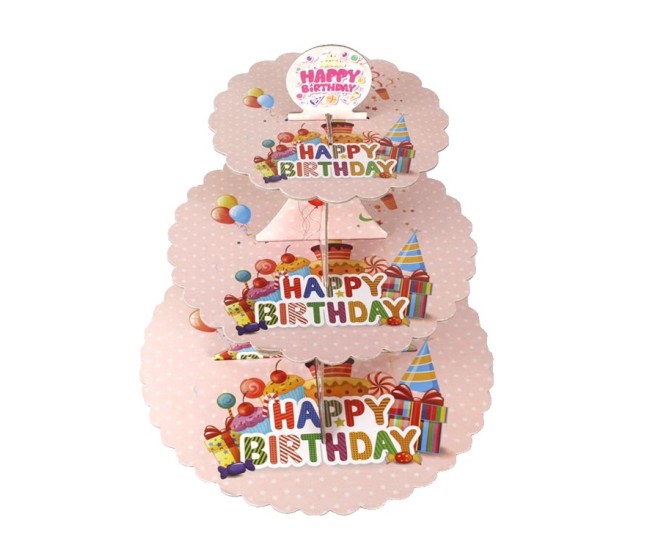 Suport Etajat pentru Prajituri, Flippy, cu Tematica Happy Birthday, 3 Nivele, Model 2, 38x34x1cm, Multicolor Suport Etajat pentru Prajituri, Flippy, cu Tematica Happy Birthday, 3 Nivele, Model 2, 38x34x1cm, Multicolor
