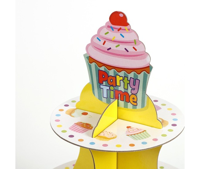 Suport Prajituri, Flippy, 3 Etaje, Design de Petrecere, pentru Prajituri, Candy Bar, din Carton, Galben/Multicolor