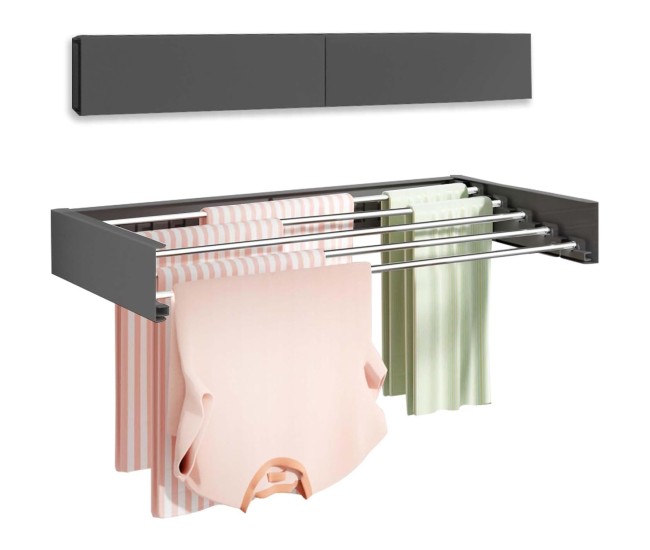 Suport Haine, Flippy, Depozitare si Uscare Rufe, din Aluminiu, Pliabil, Impermeabil, Montare prin Perforare, 80 cm, Negru Suport Haine, Flippy, Depozitare si Uscare Rufe, din Aluminiu, Pliabil, Impermeabil, Montare prin Perforare, 80 cm, Negru