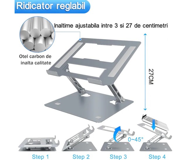 Stand Laptop si Tableta, Flippy, Suport Laptop Ergonomic, Pliabil, Ajustabil pe Inaltime, Portabil, Anti Alunecare, 27.7 x 27.7 x 5 cm, Gri