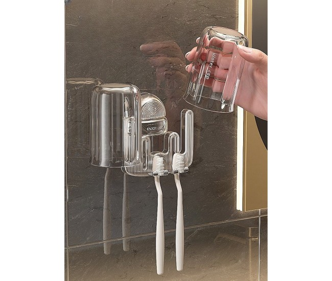 Suport Multifunctional Dublu, Pahar si Suport pentru Periuta de Dinti, Flippy, Plastic, 11 cm x 11.5 cm, Transparent Suport Multifunctional Dublu, Pahar si Suport pentru Periuta de Dinti, Flippy, Plastic, 11 cm x 11.5 cm, Transparent