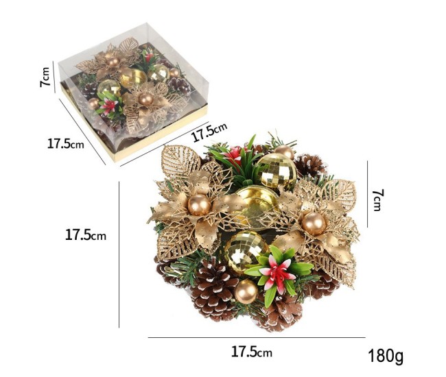 Suport pentru Lumanare de Craciun, Flippy, Model Cupa cu 2 Globutele Aurii si 2 Flori cu Conuri, Sfesnic de Tip Ghirlanda, Decoratiune pe Masa de Craciun, 17.5 x 17.5 x 7 cm, Auriu