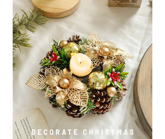 Suport pentru Lumanare de Craciun, Flippy, Model Cupa cu 2 Globutele Aurii si 2 Flori cu Conuri, Sfesnic de Tip Ghirlanda, Decoratiune pe Masa de Craciun, 17.5 x 17.5 x 7 cm, Auriu