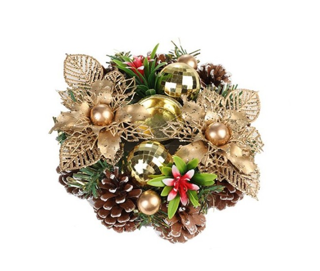 Suport pentru Lumanare de Craciun, Flippy, Model Cupa cu 2 Globutele Aurii si 2 Flori cu Conuri, Sfesnic de Tip Ghirlanda, Decoratiune pe Masa de Craciun, 17.5 x 17.5 x 7 cm, Auriu