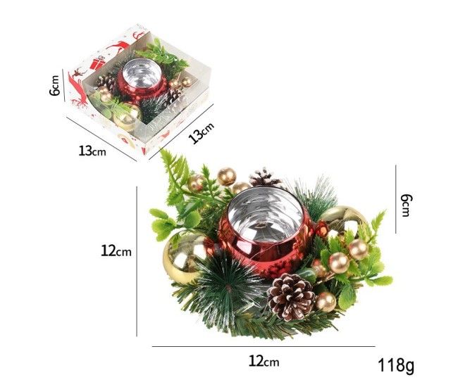 Suport pentru Lumanare de Craciun, Flippy, Model Glob pentru Brad 2 Conuri, Sfesnic de Tip Ghirlanda, Decoratiune pe Masa de Craciun, 12 x 12 x 6 cm, Rosu