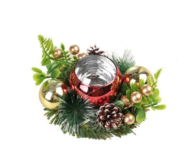 Suport pentru Lumanare de Craciun, Flippy, Model Glob pentru Brad 2 Conuri, Sfesnic de Tip Ghirlanda, Decoratiune pe Masa de Craciun, 12 x 12 x 6 cm, Rosu