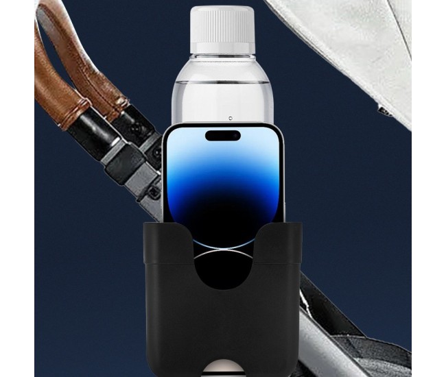 Suport pentru Pahar si Telefon, Flippy, Suport Universal pentru Sticle cu Fixare de bara, Compatibil cu Bicicleta, Carucior pentru Bebelusi, 20 x 10 x 9.5 cm, Negru