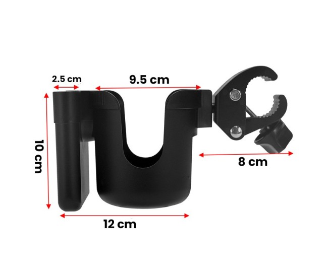 Suport pentru Pahar si Telefon, Flippy, Suport Universal pentru Sticle cu Fixare de bara, Compatibil cu Bicicleta, Carucior pentru Bebelusi, 20 x 10 x 9.5 cm, Negru