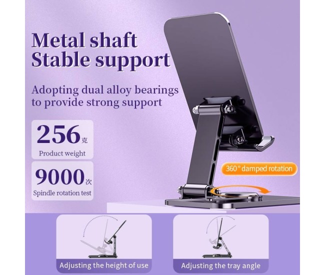 Suport pentru Telefon, Flippy, Suport Pliabil pentru Streaming, din Aliaj de Aluminiu, Compatibil cu Tableta, pentru Birou, 14.6 x 11.5 x 7 cm, Space Grey