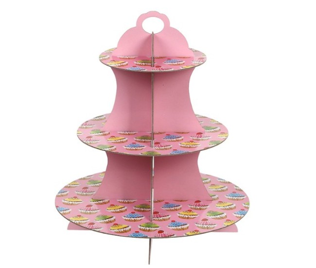 Suport Prajituri, Flippy, 3 Etaje, Design de Petrecere, pentru Prajituri, Candy Bar, din Carton, Roz/Multicolor