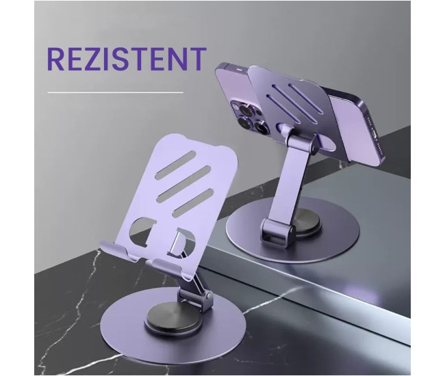 Suport rotativ pentru telefon, Flippy, Complet Metalic, Pliabil, Design Modern pentru Desktop, Multifunctional, Compatibil cu Tableta, 10.5 x 9 x 9 cm, 80 g, Mov inchis