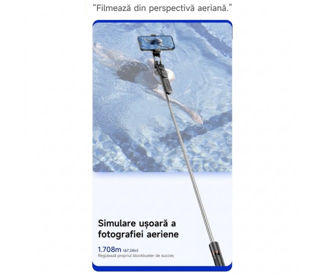 Selfie Stick Pentru Telefon, Flippy, Trepied Aluminiu Extensibil, Telecomanda Bluetooth Reincarcabila, Pentru Calatorii, Vlog Video si Fotografie, 30.6 x 7.6 x 3.5 cm, Negru