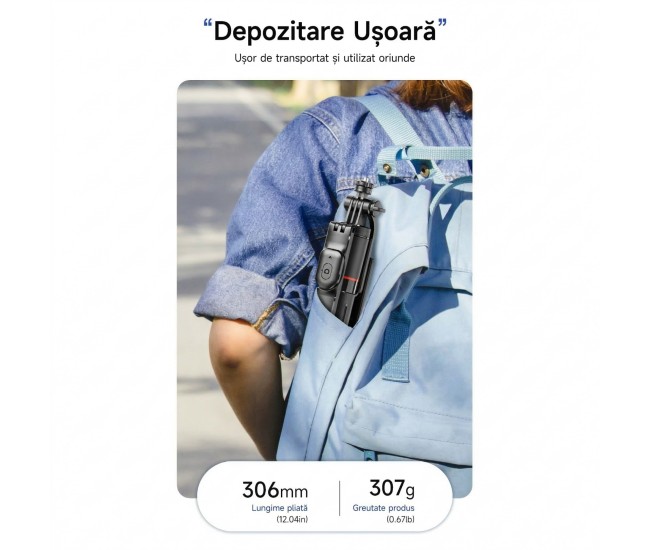 Selfie Stick Pentru Telefon, Flippy, Trepied Aluminiu Extensibil, Telecomanda Bluetooth Reincarcabila, Pentru Calatorii, Vlog Video si Fotografie, 30.6 x 7.6 x 3.5 cm, Negru