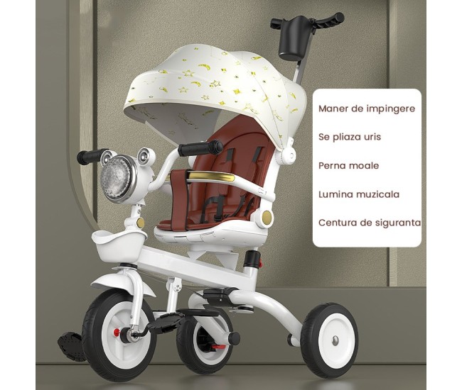 Tricicleta multifunctionala pentru Copii, Flippy, Cu Copertina Pliabila, Tip Impingere, Scaun Rotativ cu Functie Sezut si Culcat, Ghidon cu Cos Lumini si Muzica, Suport Pahar, 66 x 38 x 32 cm, Alb Ivory Tricicleta multifunctionala pentru Copii, Flippy, Cu Copertina Pliabila, Tip Impingere, Scaun Rotativ cu Functie Sezut si Culcat, Ghidon cu Cos Lumini si Muzica, Suport Pahar, 66 x 38 x 32 cm, Alb Ivory