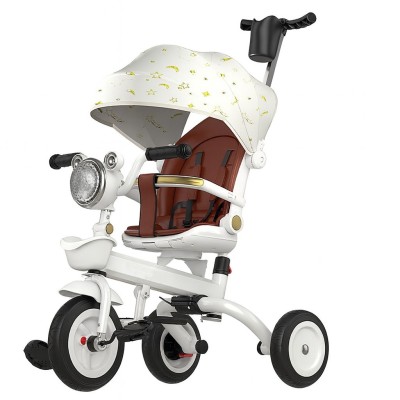 Tricicleta multifunctionala pentru Copii, Flippy, Cu Copertina Pliabila, Tip Impingere, Scaun Rotativ cu Functie Sezut si Culcat, Ghidon cu Cos Lumini si Muzica, Suport Pahar, 66 x 38 x 32 cm, Alb Ivory