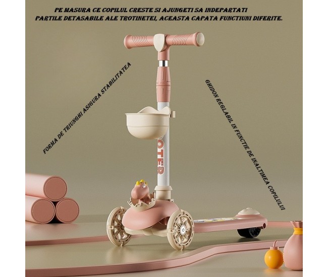 Trotineta Multifunctionala 3 in 1, Flippy, pentru Copii, 1-7 Ani, cu Lumini si Muzica, Reglabil 360, Pliere Usoara, Reglarea Inaltimii, Model Dinozaur, Alb/Roz Trotineta Multifunctionala 3 in 1, Flippy, pentru Copii, 1-7 Ani, cu Lumini si Muzica, Reglabil 360, Pliere Usoara, Reglarea Inaltimii, Model Dinozaur, Alb/Roz