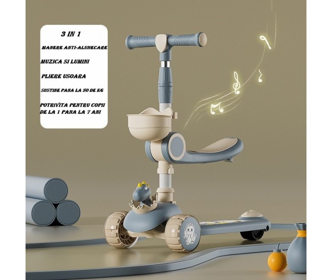 Trotineta Multifunctionala 3 in 1, Flippy, pentru Copii, 1-7 Ani, cu Lumini si Muzica, Reglabil 360, Pliere Usoara, Reglarea Inaltimii, Model Dinozaur, Bej/Albastru Trotineta Multifunctionala 3 in 1, Flippy, pentru Copii, 1-7 Ani, cu Lumini si Muzica, Reglabil 360, Pliere Usoara, Reglarea Inaltimii, Model Dinozaur, Bej/Albastru