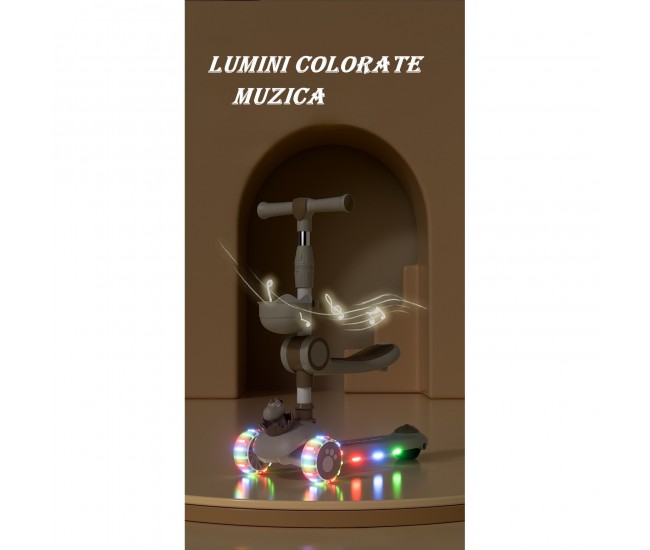 Trotineta Multifunctionala 3 in 1, Flippy, pentru Copii, 1-7 Ani, cu Lumini si Muzica, Reglabil 360, Pliere Usoara, Reglarea Inaltimii, Model Dinozaur, 67-76 x 24 x 55 cm, Alb/Bej