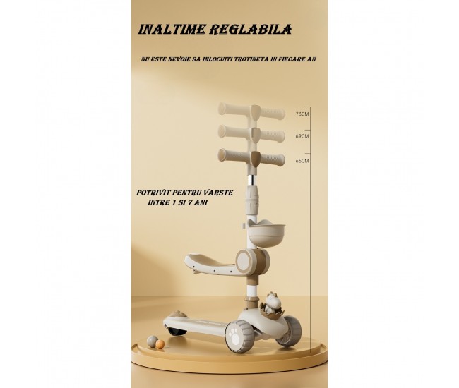 Trotineta Multifunctionala 3 in 1, Flippy, pentru Copii, 1-7 Ani, cu Lumini si Muzica, Reglabil 360, Pliere Usoara, Reglarea Inaltimii, Model Dinozaur, 67-76 x 24 x 55 cm, Alb/Bej