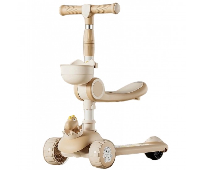 Trotineta Multifunctionala 3 in 1, Flippy, pentru Copii, 1-7 Ani, cu Lumini si Muzica, Reglabil 360, Pliere Usoara, Reglarea Inaltimii, Model Dinozaur, 67-76 x 24 x 55 cm, Alb/Bej