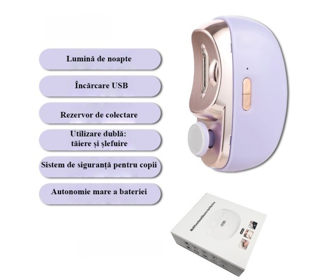 Unghiera Electrica 2 in 1, Flippy, Taiat si Slefuit, 2 Viteze, Lumina LED, Design Ergonomic, Compartiment Resturi, Portabila, Silentioasa 65 db, USB-C, Manichiura, Ideal Pentru Copii si Adulti, 8.5 x 6.8 x 3.3 cm, Violet