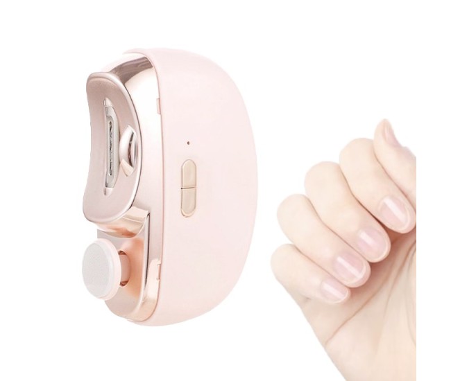 Unghiera Electrica 2 in 1, Flippy, Taiat si Slefuit, 2 Viteze, Lumina LED, Design Ergonomic, Compartiment Resturi, Portabila, Silentioasa 65 db, USB-C, Manichiura, Ideal Pentru Copii si Adulti, 8.5 x 6.8 x 3.3 cm, Roz