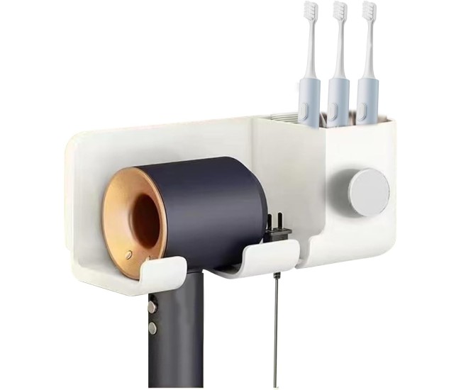 Suport de Baie, Flippy, pentru Uscator de Par, cu Organizator Dublu, din Plastic, Aplicare cu Suport Adeziv, 23 x 8.8 x 9.5 cm, Alb Suport de Baie, Flippy, pentru Uscator de Par, cu Organizator Dublu, din Plastic, Aplicare cu Suport Adeziv, 23 x 8.8 x 9.5 cm, Alb