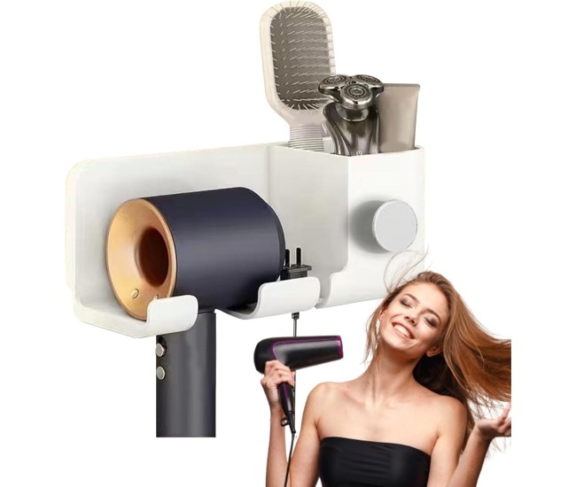 Suport de Baie, Flippy, pentru Uscator de Par, cu Organizator Dublu, din Plastic, Aplicare cu Suport Adeziv, 23 x 8.8 x 9.5 cm, Alb Suport de Baie, Flippy, pentru Uscator de Par, cu Organizator Dublu, din Plastic, Aplicare cu Suport Adeziv, 23 x 8.8 x 9.5 cm, Alb